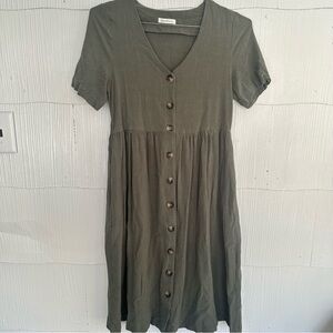 Neuflora Button Front Dress Size Small Rayon Linen Olive Green Flowy Midi Boho